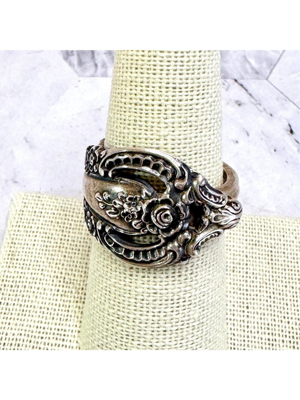 Vintage Sterling Silver Spoon Ring Ornate Rose Floral Pierced Size 8.25 8.6gr
